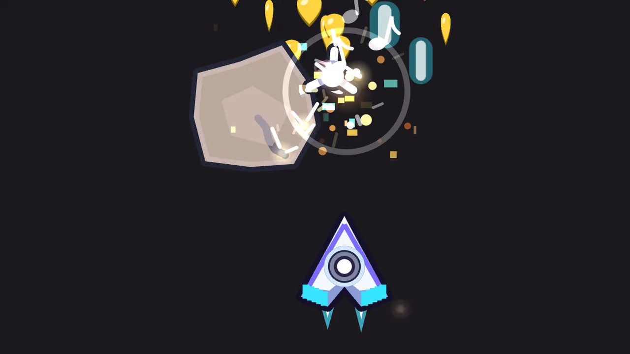 Drum Cave, almost black: a big pale pinkish-brown rock with a dark outline drifts at the upper left, while beside it a small enemy bursts in a ring of light, white sparks, colored flecks and white music notes; gold guitar picks scatter above the burst, two teal pill-shaped bullets glow on the right, and Volta’s ship, the white and lilac arrowhead with cyan fins, flies below