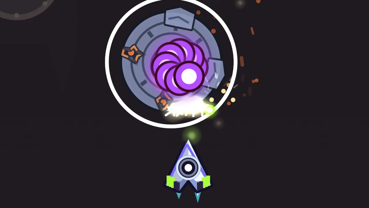 The Stone Gong in Drum Cave: a round slab of blue-gray stone with a carved ring, small orange metal fittings and a chipped rim, with a glowing purple and white swirl at its center, flashes inside a thin white circle as it bounces, white sparks and orange flecks spraying from its lower edge; just below it, Volta’s ship, the white and lilac arrowhead with lime-green fins, keeps firing upward