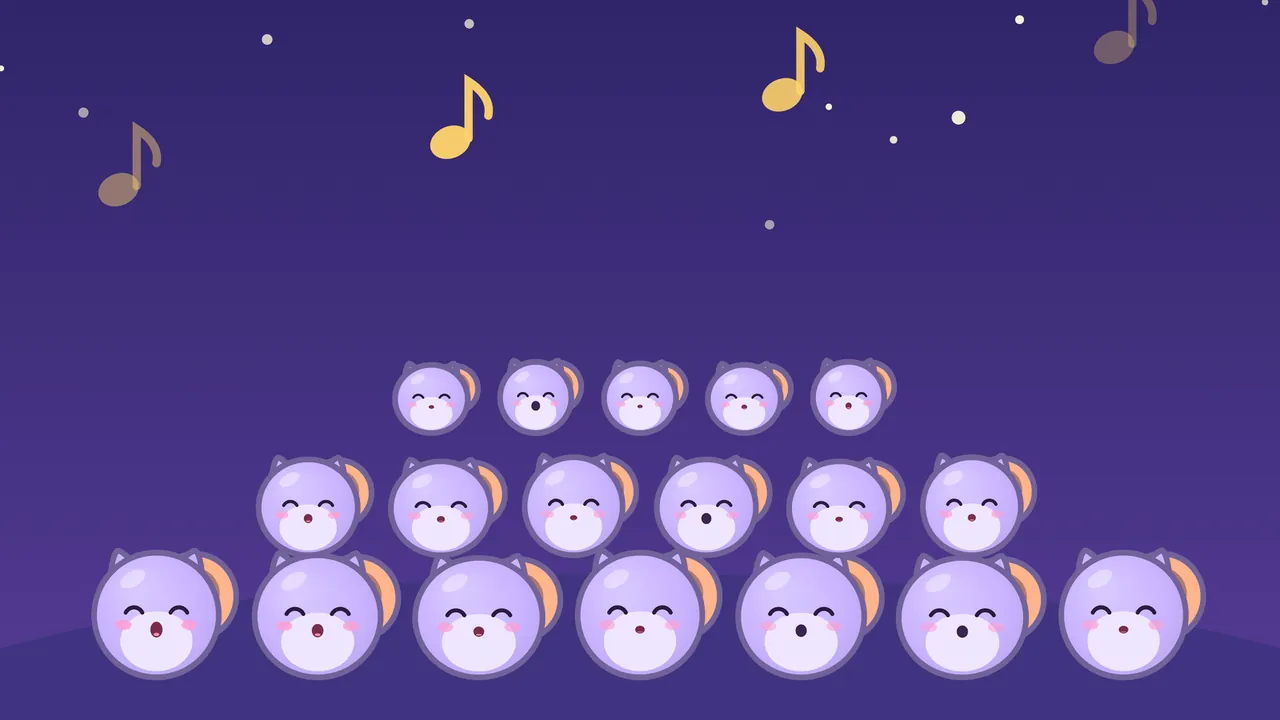 A dream postcard on a purple night sky with stars: eighteen lavender Echos with cat ears and little orange snail shells stand in three rows on a dark hill, seven in front, six in the middle and five at the back, some with their mouths open in song, while gold and faded brown music notes float above them