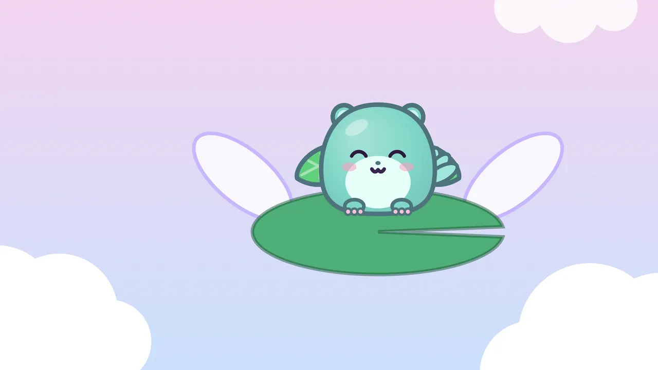 A dream postcard: Leap, a round teal friend with small round ears, a pale belly and a green leaf cape, sits smiling on a green lily pad that flies on two white wings with lilac edges, high above fluffy white clouds in a sky that fades from pink at the top to pale blue below