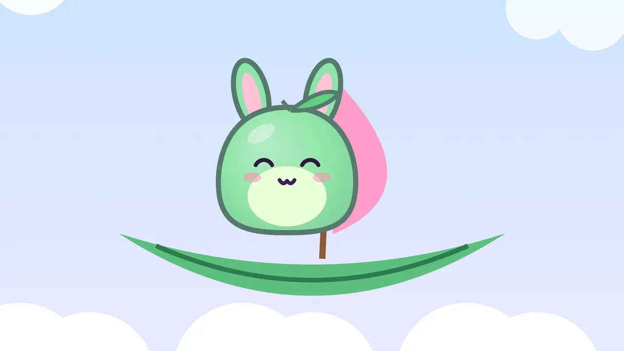 A dream postcard: Pip, a round green frog-bunny with long pink-lined ears and a little leaf on top, sits smiling in a boat made from a curled green leaf, with a pink sail on a thin brown twig mast behind; the boat floats over a sea of fluffy white clouds under a sky that fades from pale blue to soft lilac, with two small clouds at the top