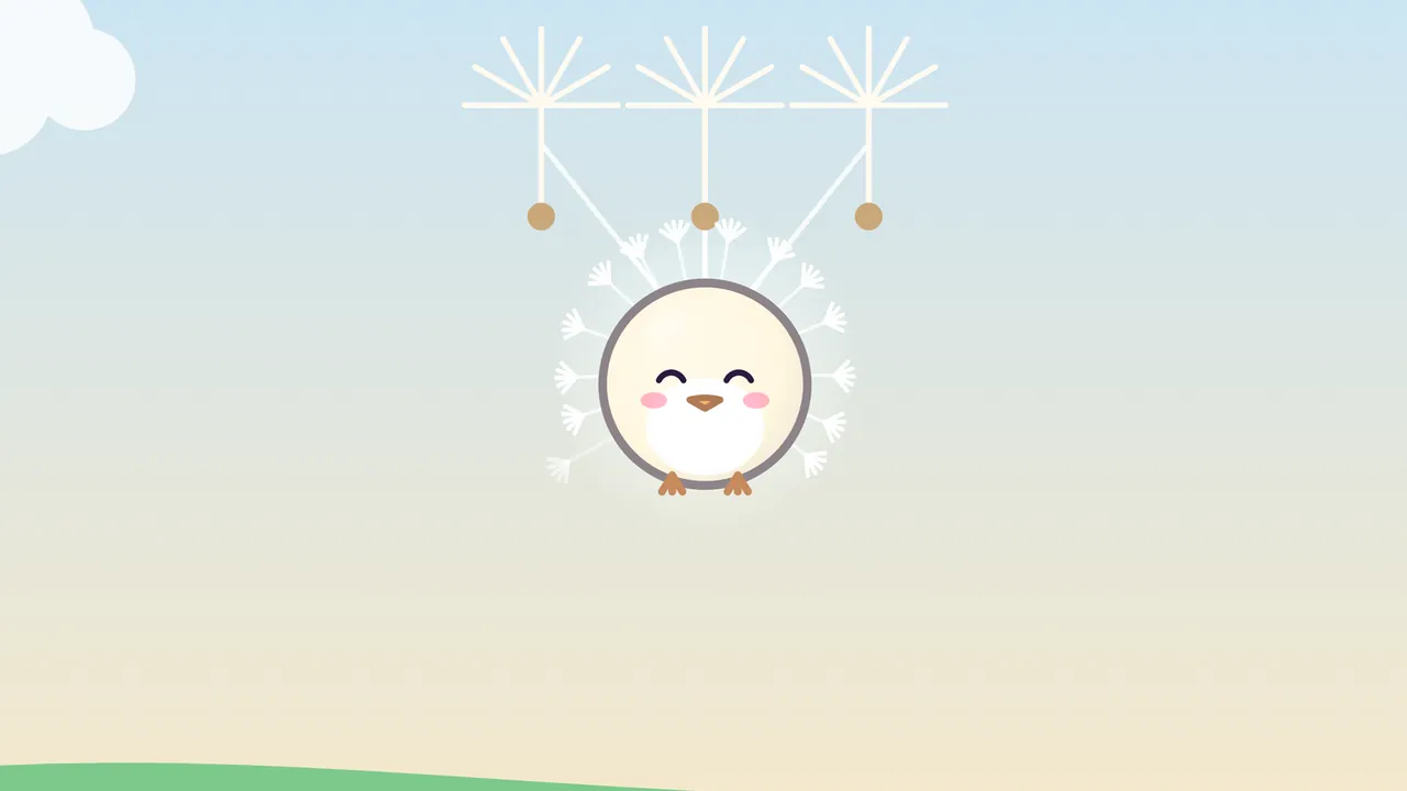 A dream postcard: Puff, a round cream chick with a tiny orange beak, pink cheeks and a halo of white dandelion fluff, hangs from three dandelion seeds on thin white strings that float like tiny parachutes, in a sky that fades from pale blue to warm cream, with a small cloud in the top left corner and the top of a green hill along the bottom