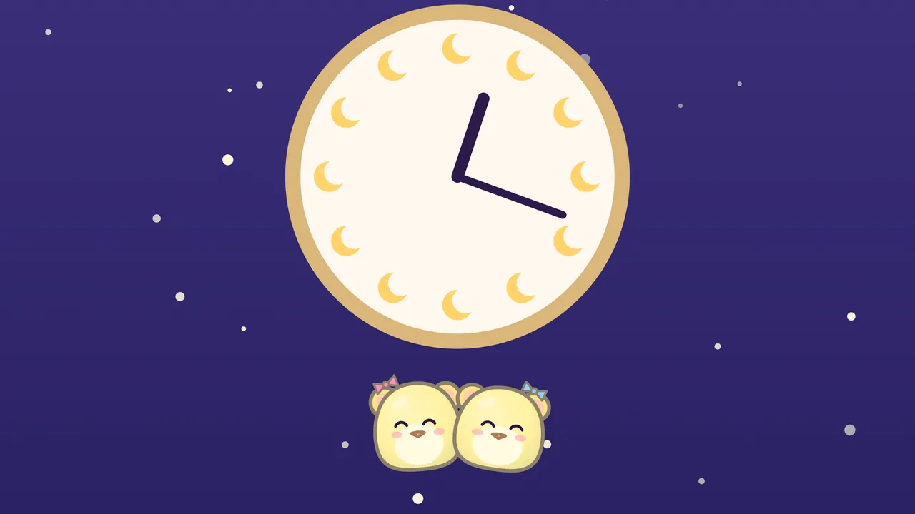 A dream postcard on a deep indigo night sky with scattered stars: a big round clock with a cream face and a gold rim has twelve little gold crescent moons where the numbers should be and two dark hands; below it sit Tik and Tok, two round pale yellow duckling-mouse twins with small brown beaks, round ears and closed smiling eyes, cheek to cheek, one with a pink bow and one with a blue bow