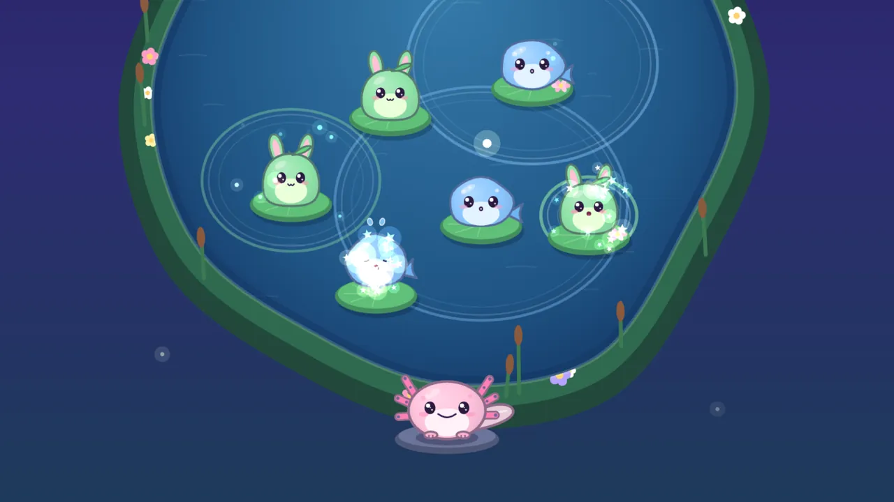 Bubble Bend at night, a dark blue pond with a green bank and cattails: one tap in the middle has started a chain, and wide, flat rings spread across the water from several spots at once; two friends are singing in bursts of sparkles, Bloop, a round blue fish, glowing white at the lower left and a green bunny Pip on the right, while two more Pips and two more Bloops sit quietly on their lily pads, and at the bottom, on a flat gray stone by the bank, Lulla, a pink axolotl with frilly gills and a wide smile, watches