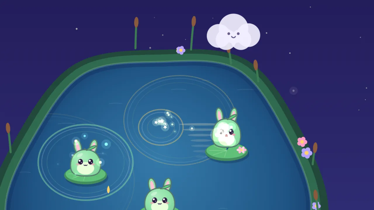 The top of Lily Cradle at night: a pale lilac rain cloud with a sleepy smile floats above the bank, among tall cattails and a small purple flower; on the dark blue water below, a golden ring spreads out around a burst of tiny white stars where a golden drop has just landed, another golden drop is falling near the bottom left, and three Pips, green bunnies with leaves on their heads, sit on lily pads, one of them glowing white in the middle of a song inside wide, faint rings