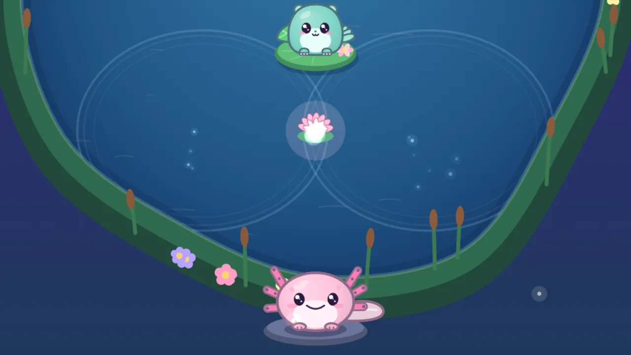 The lower half of Reedy Hollow at night: two wide, flat rings from two separate drops overlap in the middle of the dark blue water, and right where they crossed, a small pink lotus is opening on a green pad inside a soft circle of light; above it, Leap, a round teal flying squirrel with small round ears, sits on a lily pad, and below, on the bank lined with cattails and small pink and purple flowers, Lulla, a pink axolotl with frilly gills and a wide smile, sits on her flat gray stone