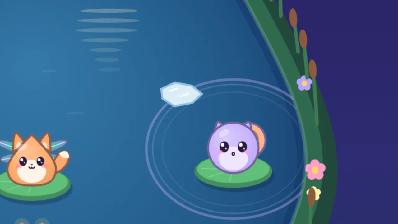Echo, a round lilac critter with little cat ears and an orange shell on its back, sits on a lily pad near the right bank of the pond inside a wide lilac ring that rolls right past a small pale blue ice floe above it without a glint; Prism, the orange fox kit with dragonfly wings, sits on its pad at the left, pale horizontal streaks shimmer on the water at the top, and cattails with pink, purple and yellow flowers line the green bank on the right against the dark purple sky