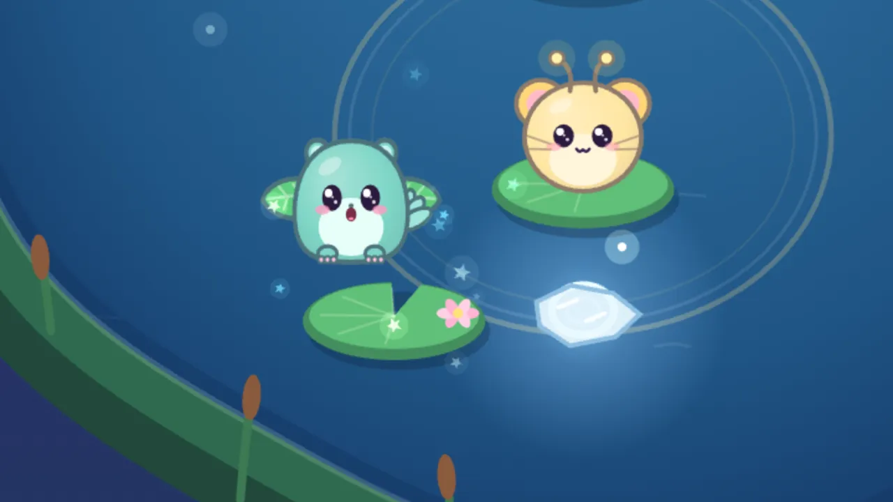 Leap, a teal flying squirrel with leaf-shaped flaps spread wide, springs up off its lily pad with its mouth open, little blue and white stars sparkling around it; below and to the right, the low ice floe glints white in a pool of soft light, and Twinkle, a round pale yellow mouse with pink ears, whiskers and two glowing antennae, sits on its own lily pad above the floe inside a wide faint ring, with the green bank and brown cattails curving along the bottom left