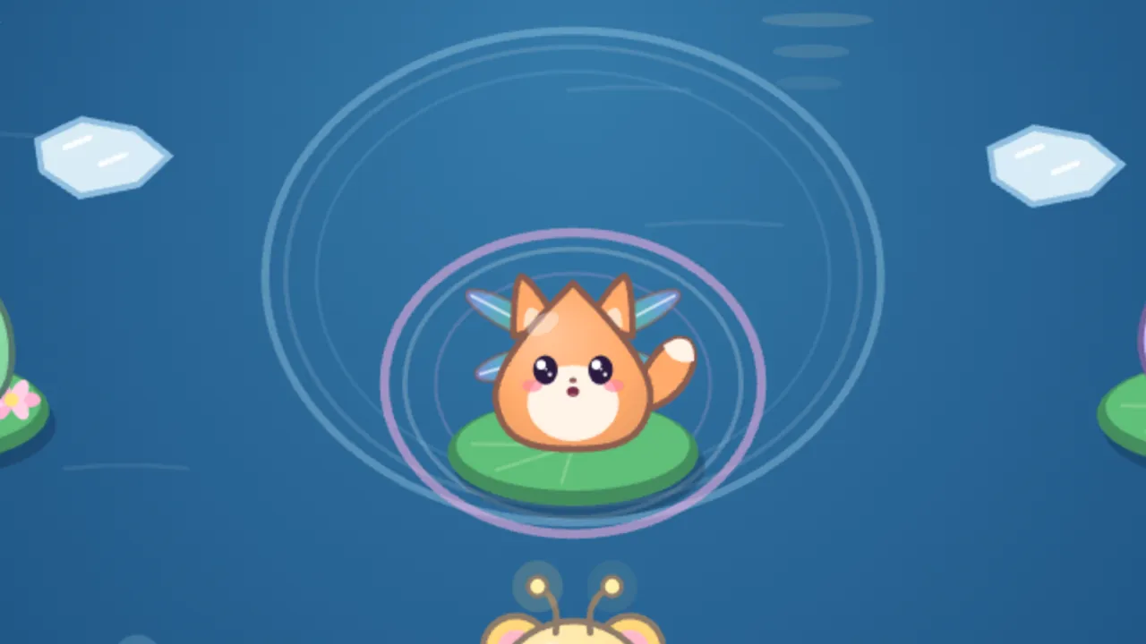Prism, an orange fox kit shaped like a drop, with pointy ears, a white-tipped tail and see-through blue dragonfly wings, sings with its mouth open on a green lily pad in the middle of the dark blue Frost Mirror pond, inside a lilac ripple ring with thin pale rings spreading wider around it; two small pale blue ice floes sit on the water to its upper left and upper right, the edges of a green Pip and a lilac Echo peek in at the sides, and Twinkle’s two glowing antennae poke up at the bottom