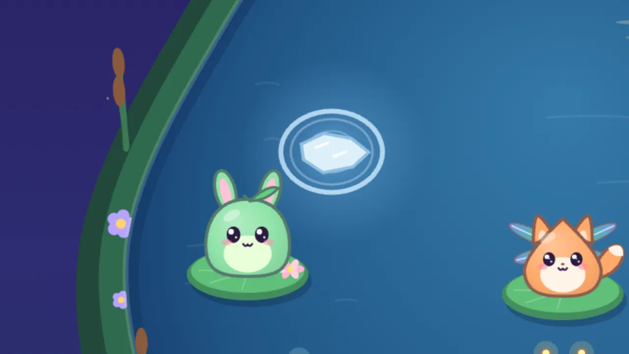 The left side of the Frost Mirror pond at night: a small pale blue ice floe glints in a soft glow, with a bright pale blue ring spreading around it, while Pip, a green bean-shaped bunny with tall pink-lined ears and a leaf on top, sits awake on a lily pad just below and to the left of it; Prism, the orange fox kit with see-through dragonfly wings, sits on its pad at the right, a faint wide ring crosses the water between them, and the green bank with cattails and little purple flowers curves along the left under the dark night sky