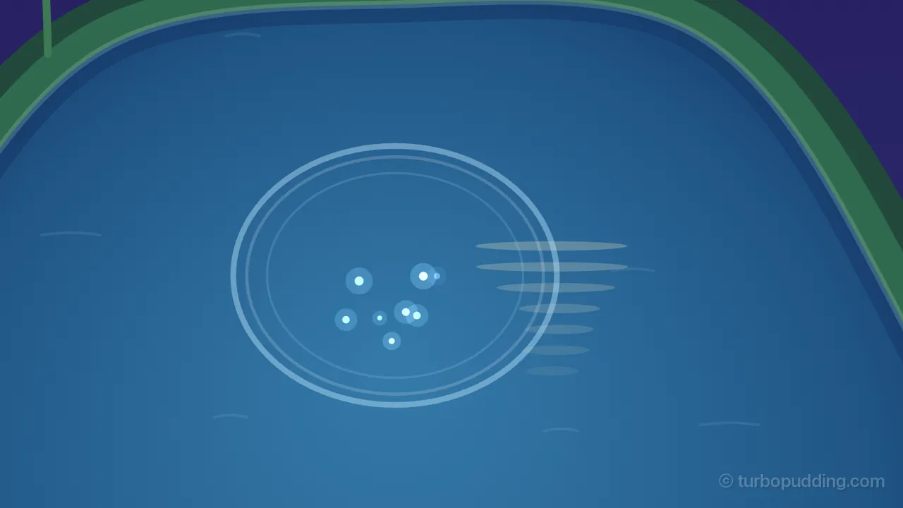 A close-up of open blue water in the pond with a single flattened ring spreading out from where it was tapped: a thick pale blue outer line, a thin white line just inside it and a third, fainter line inside that, with eight small glowing droplets in the middle of the ring; to the right, the Moon’s reflection shows as seven pale stacked stripes that get shorter toward the bottom, a few faint white curved strokes float on the water and a curve of green bank runs along the top