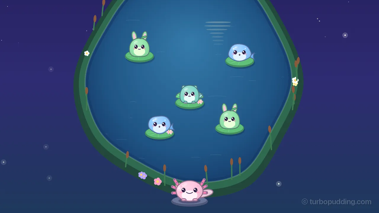 Reedy Hollow, a pond in Lullalotl at night, with every layer drawn: a starry indigo sky with a few glowing fireflies, a green bank with cattails and little white, lilac and pink flowers, dark blue water with a pale striped reflection of the Moon, and five friends on green lily pads, two green bunnies with pink-lined ears and a leaf on top, two round blue fish-like blobs and a teal frog-like Leap in the middle, while Lulla, a round pink axolotl with frilly gills and a wide smile, sits on a flat gray-blue stone at the front of the bank