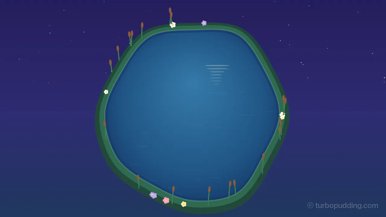 An empty pond in Lullalotl at night, seen from above at a slight angle, with nothing on it yet: a starry indigo sky, a rounded, slightly uneven shore made of two bands of green, a darker one outside and a lighter one inside, thin green reeds with brown cattail heads standing around the edge, small five-petal flowers in white, lilac, pink and yellow scattered on the bank, and smooth blue water that is lighter near the middle and darker by the shore, with a short ladder of pale stripes in the upper right where the Moon is reflected