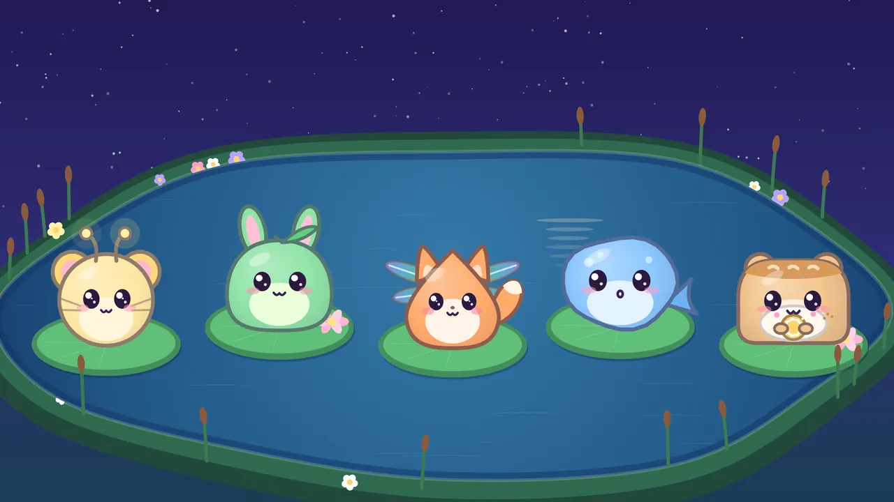 Five friends sit on five green lily pads in a row across a dark blue pond at night under a starry sky: Twinkle, a round pale yellow mouse with pink ears, whiskers and two glowing antennae; Pip, a green bean-shaped bunny with tall pink-lined ears and a leaf on top; Prism, an orange fox kit shaped like a drop, with pointy ears, a white-tipped tail and see-through dragonfly wings; Bloop, a wobbly blue blob with a fish tail and an O-shaped mouth; and Bun, a square loaf-shaped bear cub with a golden crust on top, holding a round cookie in front of a white apron