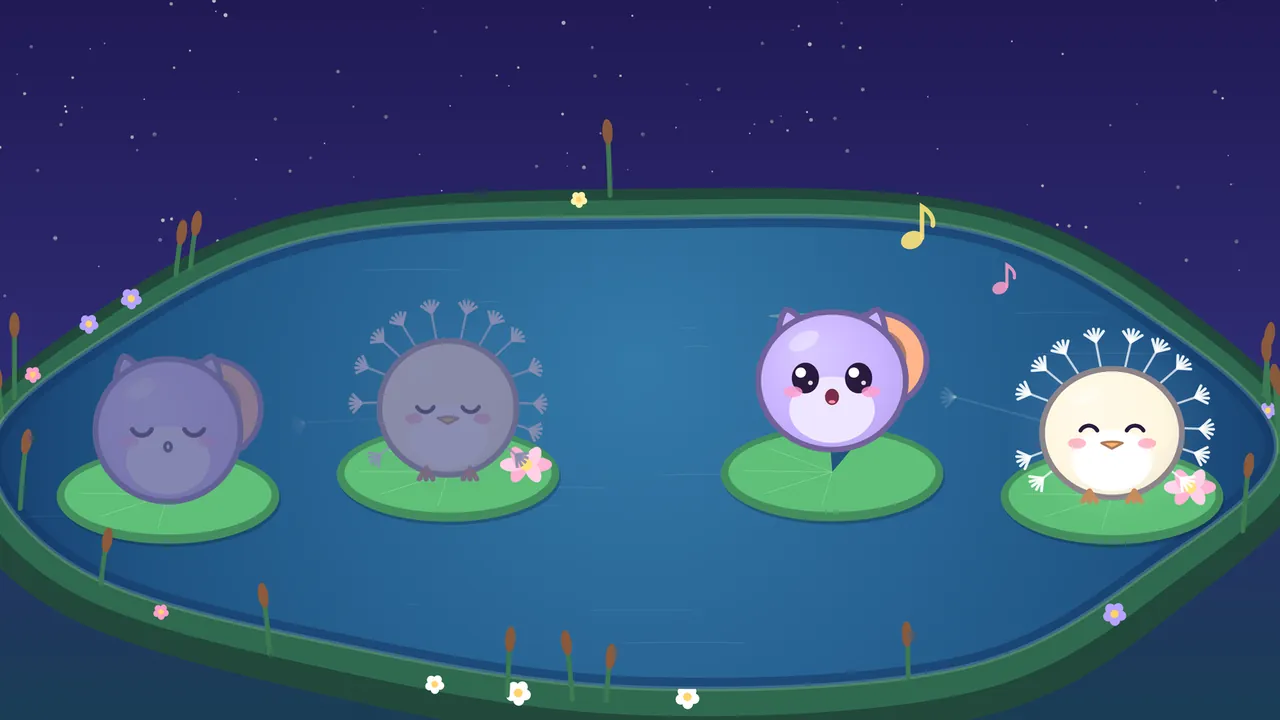 A dark blue pond at night with four friends on lily pads: on the left, a round cat-eared Echo with a shell on its back and a fluffy Puff covered in dandelion seeds are both asleep and washed out in dull gray-blue, while on the right a second Echo, bright lilac with an orange shell, floats above its pad singing with its mouth open, and a second Puff, creamy white with a little orange beak, smiles with its eyes squeezed shut, with two music notes rising nearby