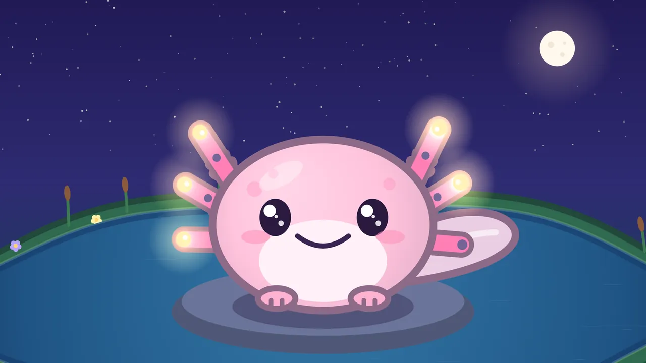 A close-up of Lulla, a round pink axolotl with a pale belly, big shiny eyes, rosy cheeks, a wide gentle smile and a long pale pink tail fin, sitting on a flat gray stone in a dark blue pond under a starry sky and a full Moon, with three pink gill fronds fanned out on each side of her head, five of the frond tips glowing warm gold and the rest of the buds still small gray-blue dots