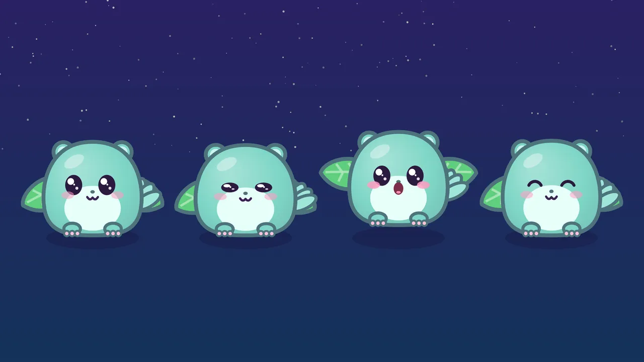 Four copies of Leap, a round mint-green critter with small round ears, a fan of a tail and a green leaf cape, stand in a row on a dark blue starry background, each above a soft shadow: the first looks up to the left with big shiny eyes, the second has its eyes half closed in a slow blink, the third floats a little higher with its mouth open in a round O as it sings, and the fourth squeezes its eyes into happy upside-down curves