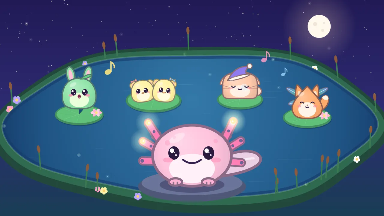 A dark blue pond at night under a starry sky and a full Moon, where Lulla, a round pink axolotl with big shiny eyes, rosy cheeks and a wide gentle smile, sits on a flat gray stone in front and looks up at her friends, three of the tips of her pink gill fronds glowing gold, while on the lily pads behind her Pip, a green bunny with a leaf on top, sings with an open mouth, the yellow twins Tik and Tok sit side by side on one pad, Dozy, a peach loaf-shaped kitten in a purple nightcap, sleeps, and Prism, an orange fox kit with dragonfly wings, smiles with closed eyes, with music notes in the air and cattails and little flowers around the bank