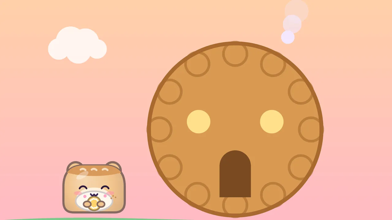 A dream postcard: Bun, a bread-loaf bear cub holding a small mooncake, stands next to a giant round mooncake house with two glowing windows, an arched door and steam rising from the top, under a peach and pink sky