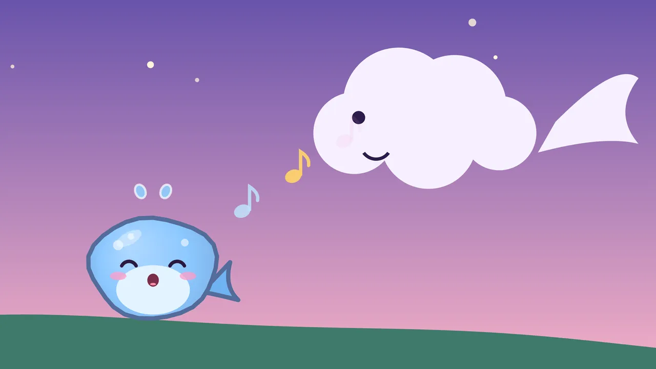 A dream postcard: Bloop the blue whale calf sings with its eyes shut on a hill at dusk, music notes floating up toward a big white cloud shaped like a whale