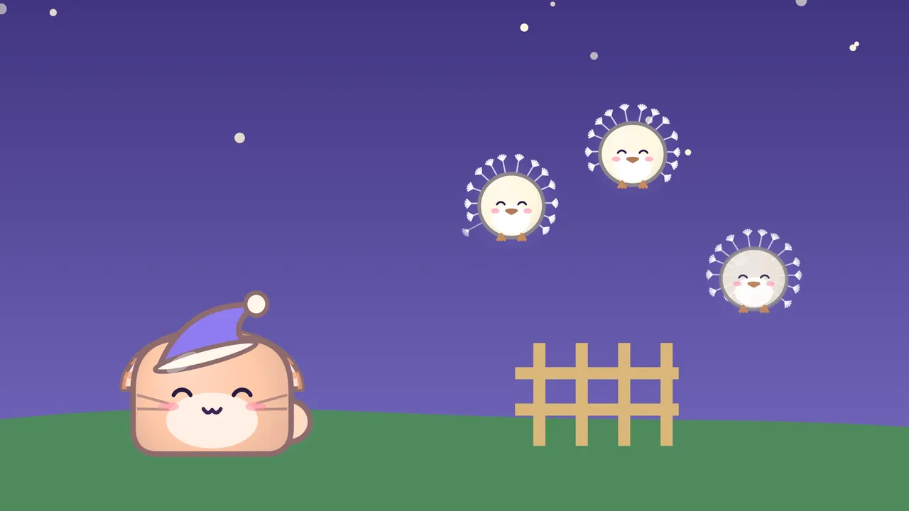 A dream postcard: Dozy in a purple nightcap smiles on a grassy hill at night while three fluffy dandelion Puffs float over a little wooden fence