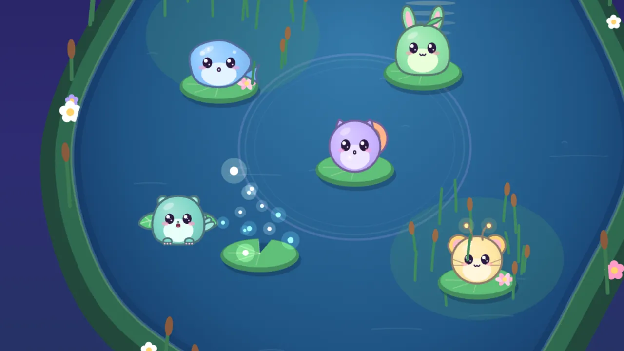Leap, a teal flying squirrel with a leaf cape, jumps off its lily pad in a trail of bubbles while lavender Echo sits inside a wide ring and Twinkle glows among the reeds