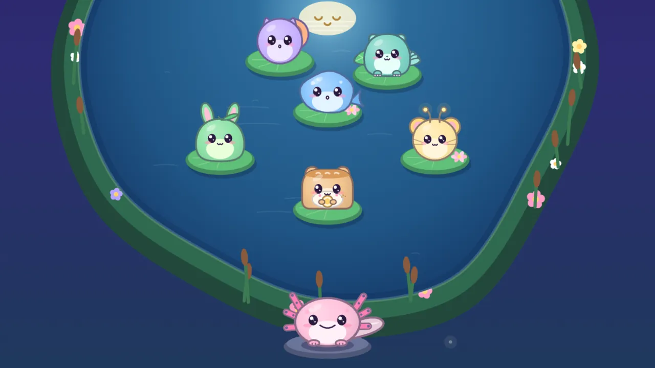 Lulla the pink axolotl sits on the bank of a moonlit pond below six friends on lily pads, Echo, Leap, Bloop, Pip, Twinkle and Bun, with the Moon’s sleepy reflection in the water above them