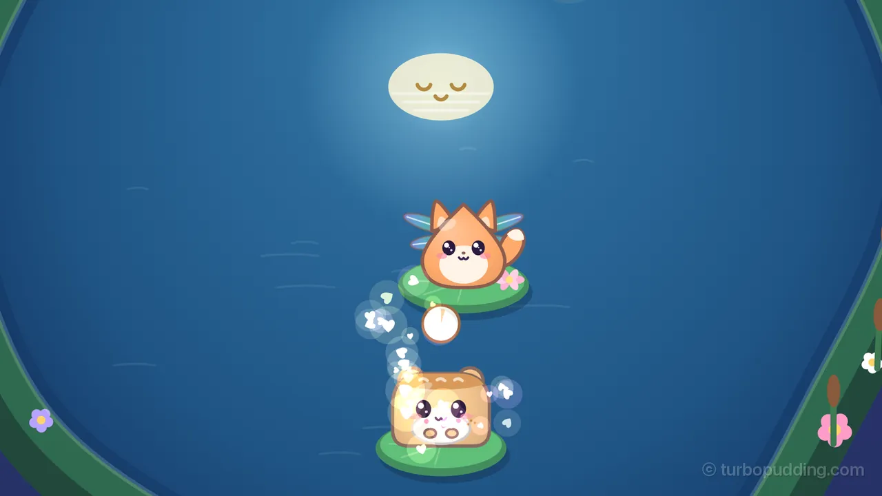 Moon Mirror at night: near the bottom of the pond Bun, a square golden-brown bear cub shaped like a loaf of bread, sits on a lily pad glowing bright, little white hearts in soft bubbles flying up and around it; above Bun floats a small white dial, and higher up sits Prism, an orange fox kit with blue dragonfly wings and a pink flower on its lily pad, while at the top the pale, smiling face of the Moon lies reflected in the dark blue water inside a soft glow, with green banks, cattails and little flowers along both sides