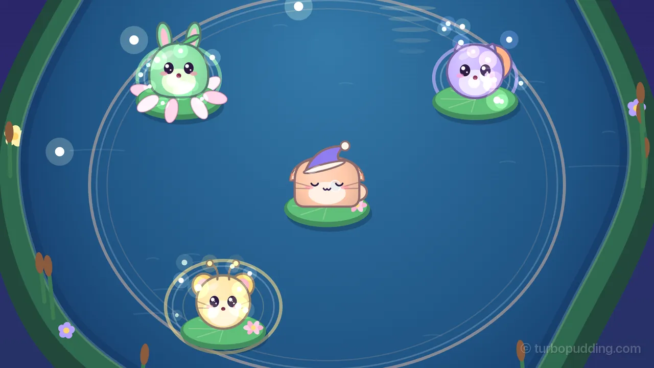 Snoozy Shallows at night, seen from above: in the middle of the dark blue pond Dozy, a peach kitten wrapped like a little loaf with a purple nightcap and a white pompom, sleeps on a lily pad with a contented smile, while a giant thin pale ring spreads out around it almost to the green banks; on the ring sit three friends who have just woken up singing, each glowing and sending out a small ring of its own: Pip, a green frog-bunny with long ears on a pad ringed with pink petals, at the top left, Echo, a lavender friend with cat ears and a peach snail shell, at the top right, and Twinkle, a yellow firefly-mouse with two glowing antennae, at the bottom, with cattails and small purple flowers along the banks
