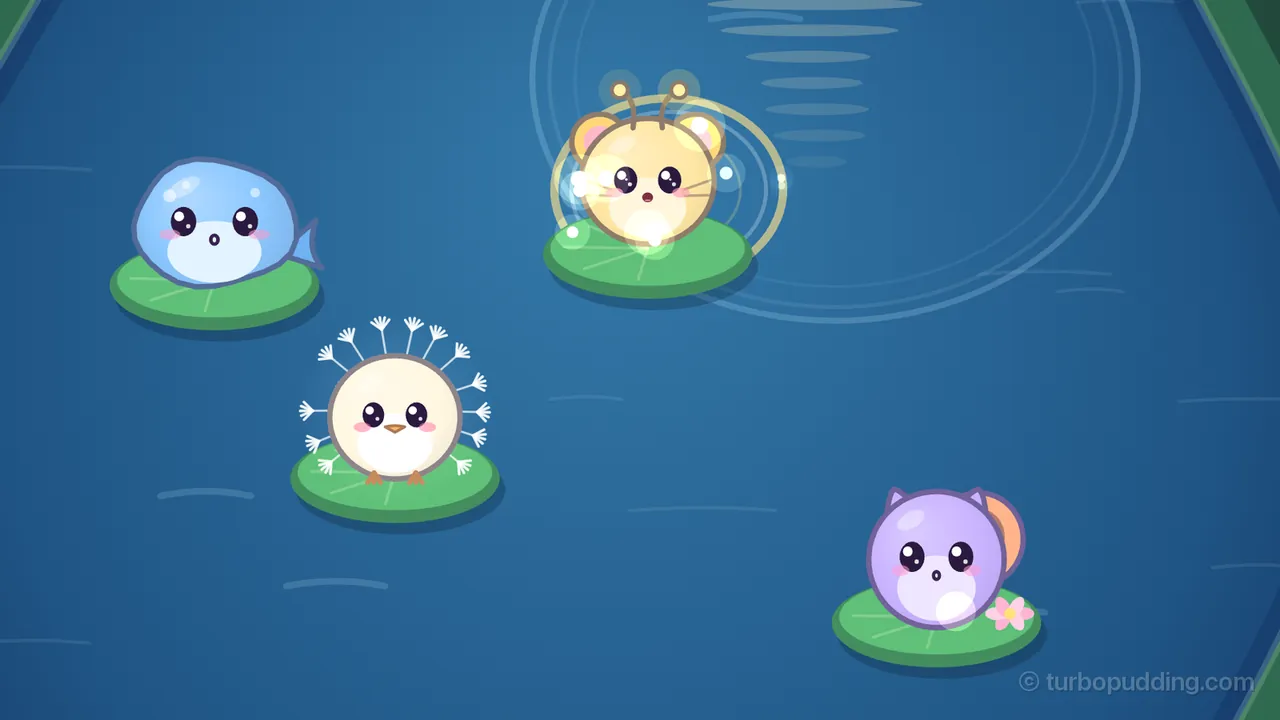Dandelion Drift at night, close up on the dark blue water: Twinkle, a round yellow firefly-mouse with pink ears and two antennae tipped with little glowing lights, sits on a green lily pad with its mouth open in a small o, sparkles around it and a thin golden ring spreading out from its pad over the fading pale rings of a ripple; below it on their own pads sit Bloop, a round blue whale calf with a little tail, Puff, a cream-colored chick ringed with white dandelion fluff, and Echo, a lavender friend with cat ears and a peach snail shell on its back