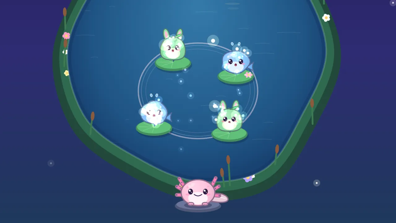 Two green Pips and two Bloops, round blue critters with fish tails, sit on four lily pads in a dark blue pond, the Bloops splashing tiny fountains of water over their heads as they sing, a big white ripple ring circling all four, with cattails on the green bank and Lulla, the pink axolotl, smiling at the bottom edge