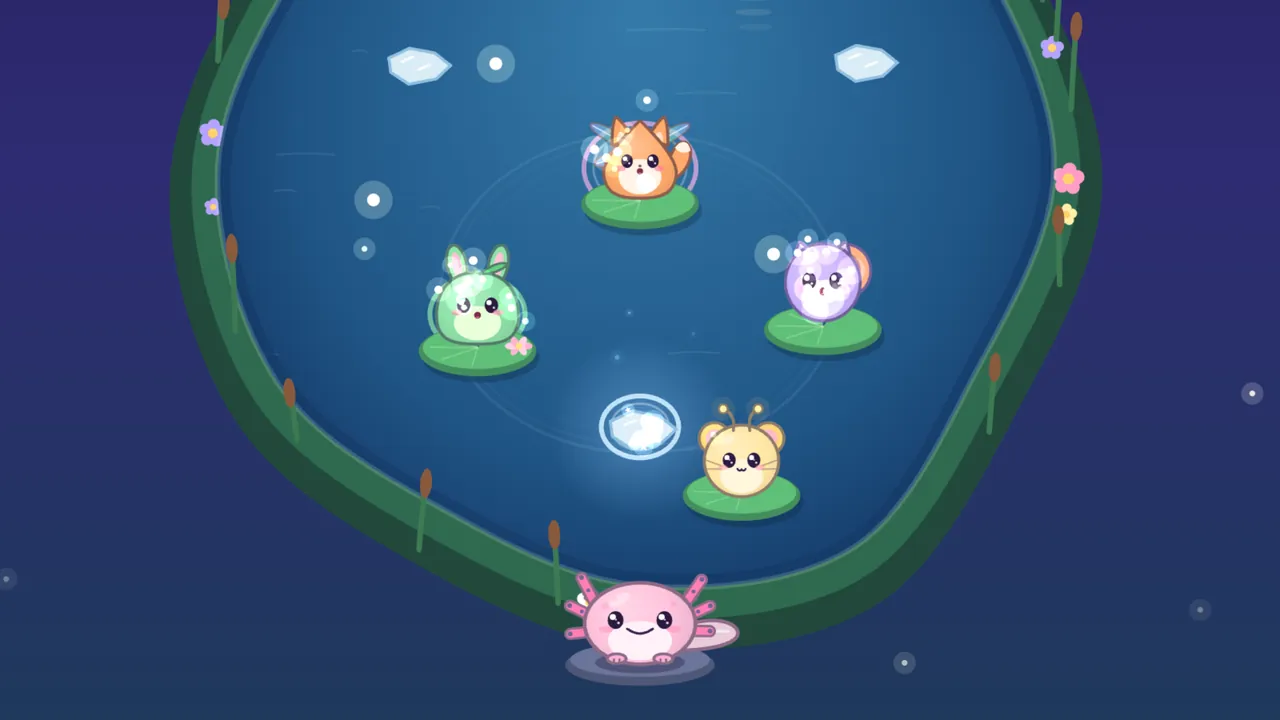 A round night pond with a dark green bank, cattails and little flowers, where two pale blue ice floes float near the top and a third glows with a bright white ripple near the bottom, while four friends sit on lily pads: Prism, an orange fox kit with dragonfly wings, at the top, a sparkling green Pip on the left, Echo, a lilac critter with an orange shell, on the right, and Twinkle, a yellow mouse with antennae, at the bottom right, with Lulla, the pink axolotl, smiling on the bank below