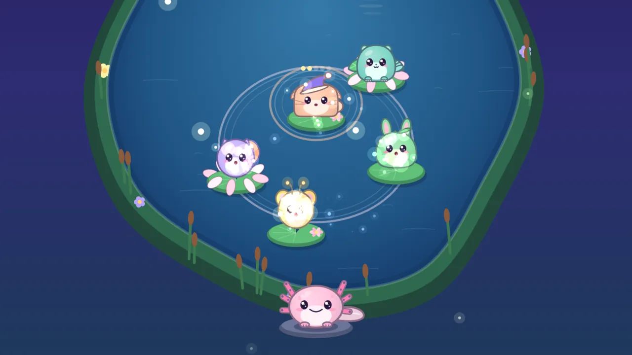 Five friends in a dark blue pond: in the middle Dozy, a peach loaf-shaped kitten in a purple nightcap with a row of little dots over its head, sits on a lily pad inside a double ripple ring; on the left Echo, a lilac cat-eared critter with an orange shell, and at the top right a teal Leap both sit on night lilies with pink-and-white petals, a green Pip sparkles on the right and a glowing yellow Twinkle sings below, with Lulla, the pink axolotl, on the bank