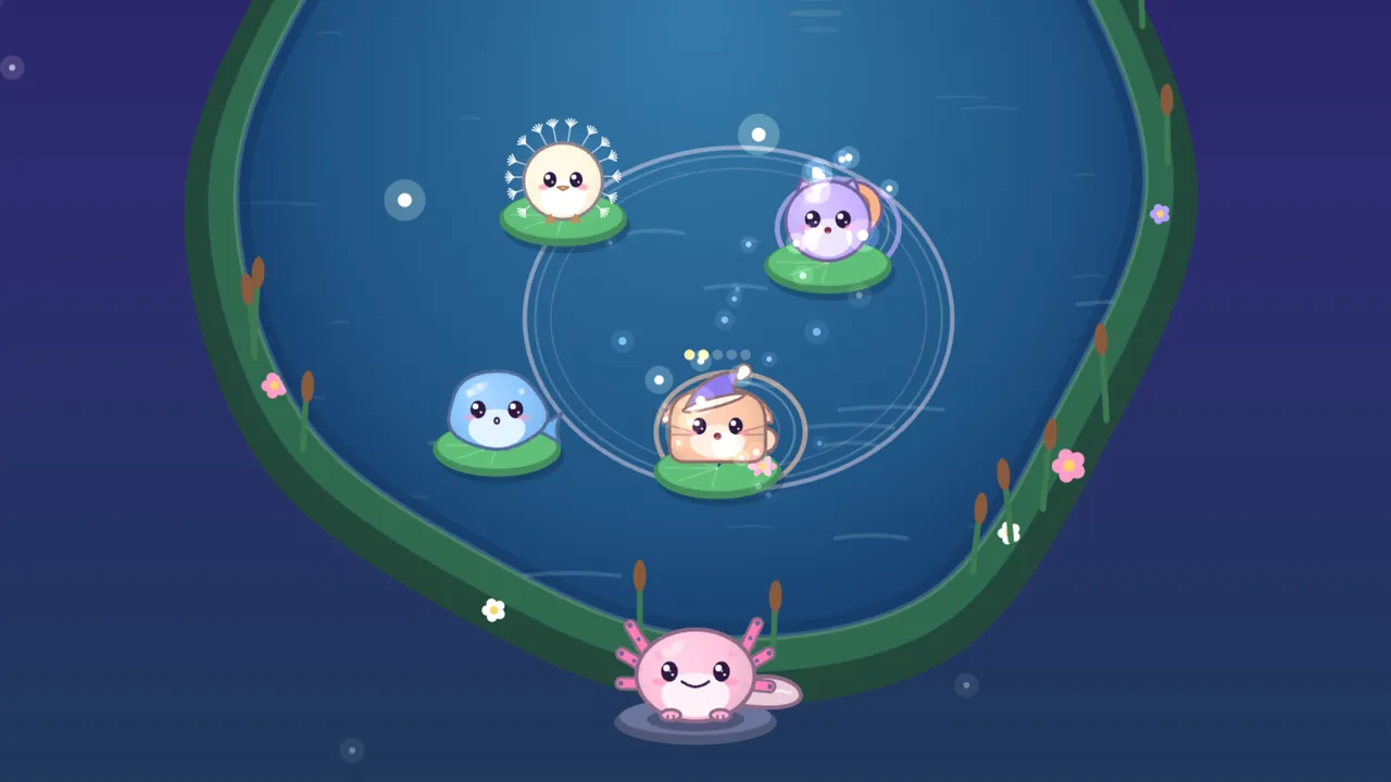 A night pond with faint lines of current on the water and four friends on lily pads: Puff, a round cream chick with a little orange beak and a ring of white dandelion seeds around its head, at the top left; Echo, lilac with an orange shell, singing at the top right; a blue Bloop on the left; and Dozy, the peach kitten in a purple nightcap, in the middle with five little dots over its head, two of them lit yellow, inside a white ripple ring, with Lulla, the pink axolotl, smiling on the bank