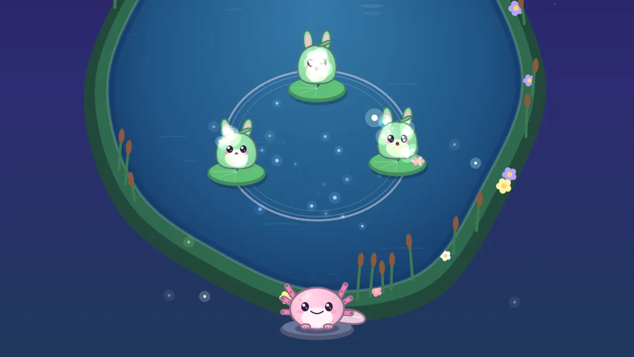 A round night pond with a dark green bank, cattails and little purple, yellow and white flowers, where three Pips, green bunnies with long ears and a leaf on top, sit on lily pads in a triangle and sing with sparkles around them, a wide white ripple ring spreading between them, while Lulla, a pink axolotl with pink frilly gills and a big smile, sits on the bank at the bottom