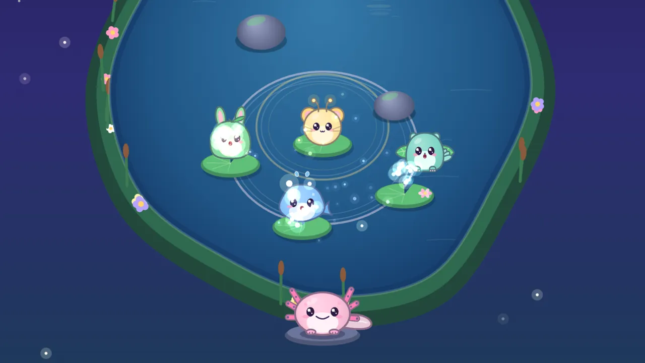 A night pond with two round gray stones, one near the top and one in the middle on the right, and four friends on lily pads between them: Twinkle, a yellow mouse with two glowing antennae, in the center, a green Pip on the left, a teal Leap splashing on the right and a blue Bloop at the bottom, with white ripple rings spreading around them and Lulla, the pink axolotl, on the bank below