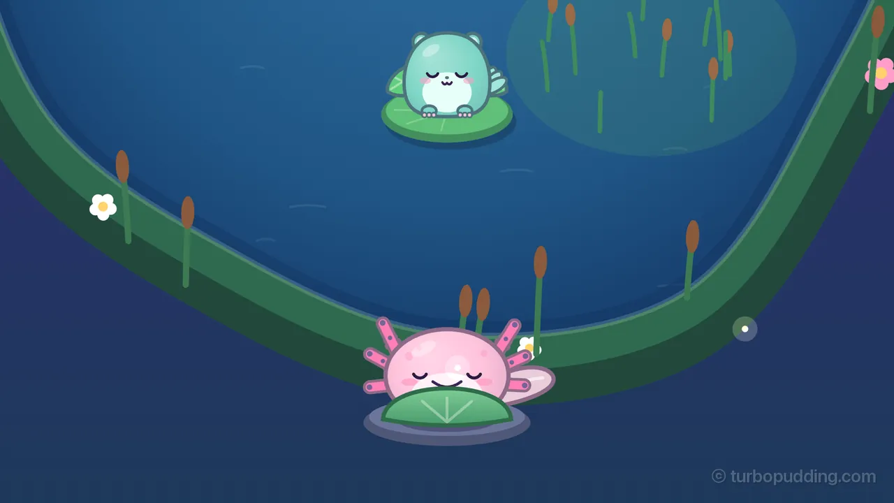 Whisper Reeds at night, close up: Lulla, the round pink axolotl, has pulled a green lily leaf with pale veins up to her chin like a blanket and sleeps on her flat stone with her eyes closed and a small smile, her frilly pink gills still fanned out; above her on the dark blue water, Leap, a teal flying squirrel with a little leaf cape, dozes on a lily pad with its eyes shut, next to a pale round patch of tall thin reeds growing out of the water; cattails and white and pink flowers line the green bank