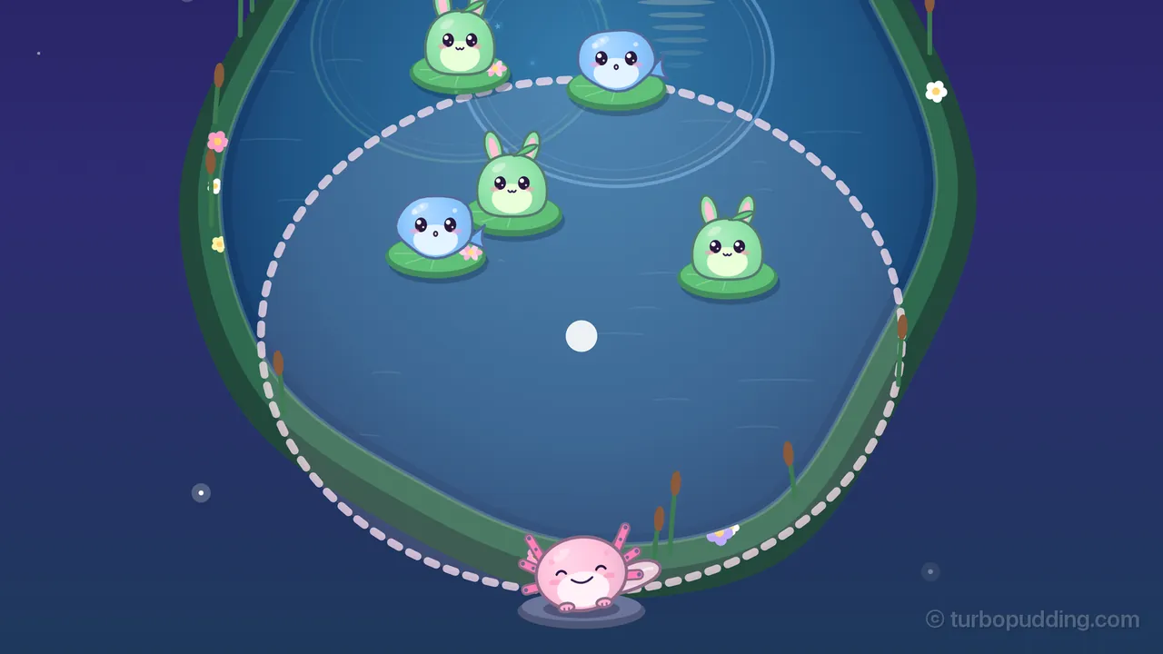 Bubble Bend at night, seen from just above the bank: Lulla, a round pink axolotl with pink frilly gills and a pale tail fin, sits on a flat gray stone at the bottom of the pond, curled up a little, with her eyes shut in happy arches; a big dashed ring of pale pink dots stretches across most of the dark blue water around a small glowing white dot where the finger holds, and inside it sit Bloop, a round blue fish, and two Pips, green bunnies with leaf hats, each on a lily pad, while another Pip and Bloop sit just above the ring’s top edge; faint older ripple rings drift near the top, and cattails and little flowers line the green bank