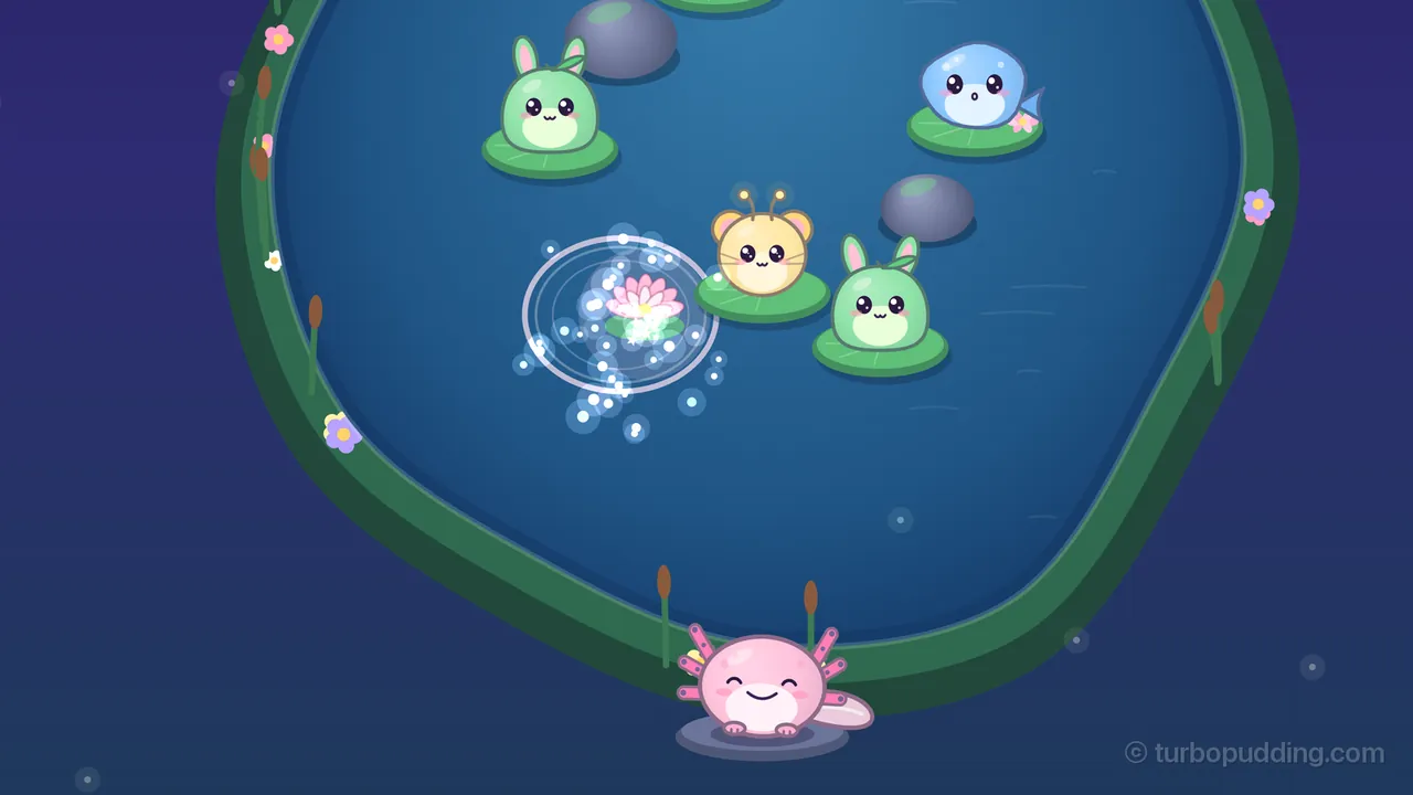 Pebble Steps at night: a bright ring of light spreads on the dark blue water with a spray of white and pale blue bubbles flying out around it, and a small pink lotus has opened right in its middle; beside the ring, Twinkle, a round yellow mouse with two little antennae, and a Pip, a green bunny with a leaf hat, sit on lily pads, with another Pip and Bloop, a round blue fish, higher up, and two smooth gray stones poke out of the water; at the bottom edge, Lulla, the pink axolotl, smiles on her stone with her eyes shut in happy arches