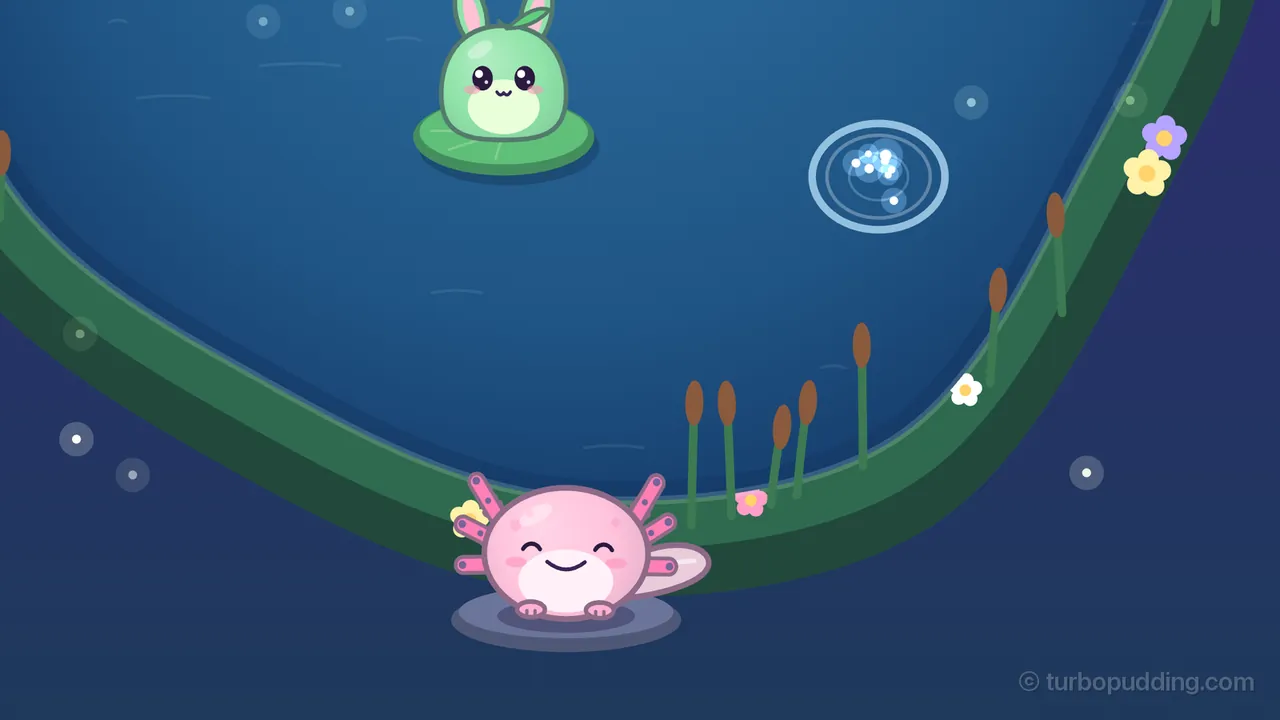A close-up of the bank of Lily Cradle at night: Lulla, a round pink axolotl with spotted pink frilly gills, rosy cheeks and a pale pink tail fin, sits on a flat gray stone with her eyes shut in two happy arches and a wide smile, just after a tap; up and to the right, a small fresh ring of light spreads on the dark blue water around a cluster of white bubbles, and higher up Pip, a green bunny with a leaf on its head, sits on a lily pad; brown cattails and small pink, white, yellow and purple flowers grow along the green bank