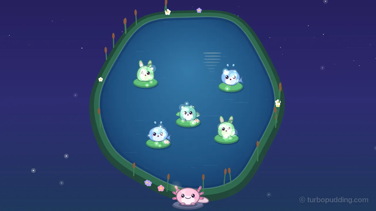All of Reedy Hollow, a round night pond with a thick green bank under a dark purple sky with tiny stars, at the moment its Moon wakes: five friends on lily pads sing at once, each sparkling with tiny white stars, two Pips, green bunnies with leaf hats, two Bloops, round blue fish with two little drops jumping above their heads, and Leap, the teal flying squirrel, in the middle; a soft reflection of stacked pale lines shimmers on the water near the top, and at the bottom edge Lulla, the pink axolotl, smiles on her stone while a soft glow lights the tip of one of her frilly gills