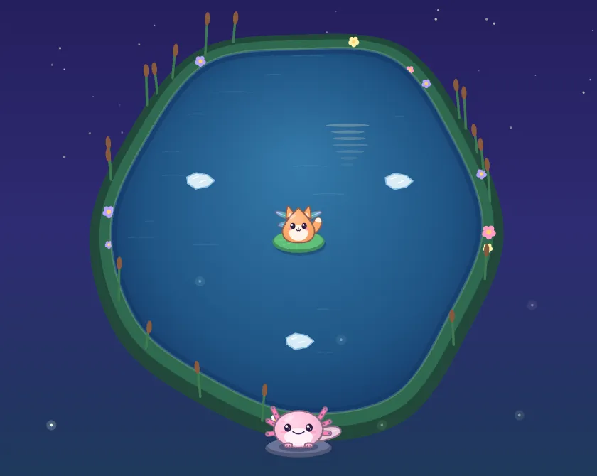 A deep blue pond at night with an orange friend on a lily pad in the middle, little fish around it and Lulla at the edge
