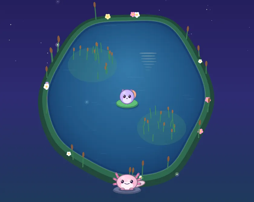 A round pond ringed with grass and reeds, two patches of tall reeds in the water, a purple friend on a lily pad in the middle and Lulla at the bottom edge