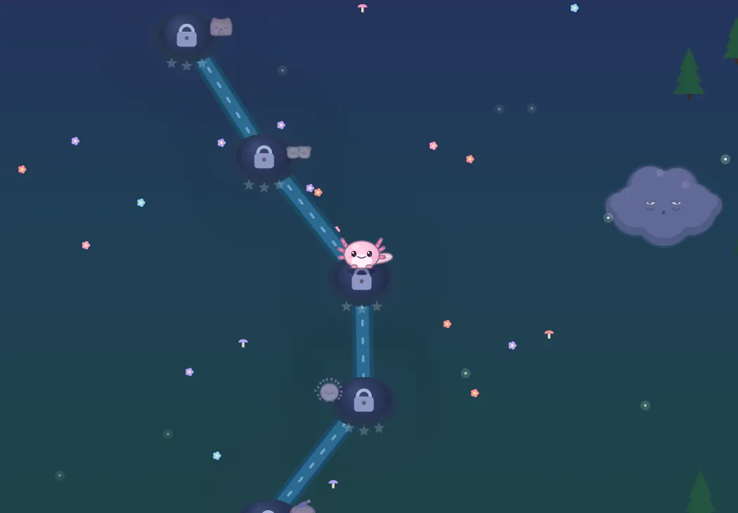 A night map with a winding path of ponds, Lulla on one of them, locked ponds ahead and a sleepy cloud drifting to the right
