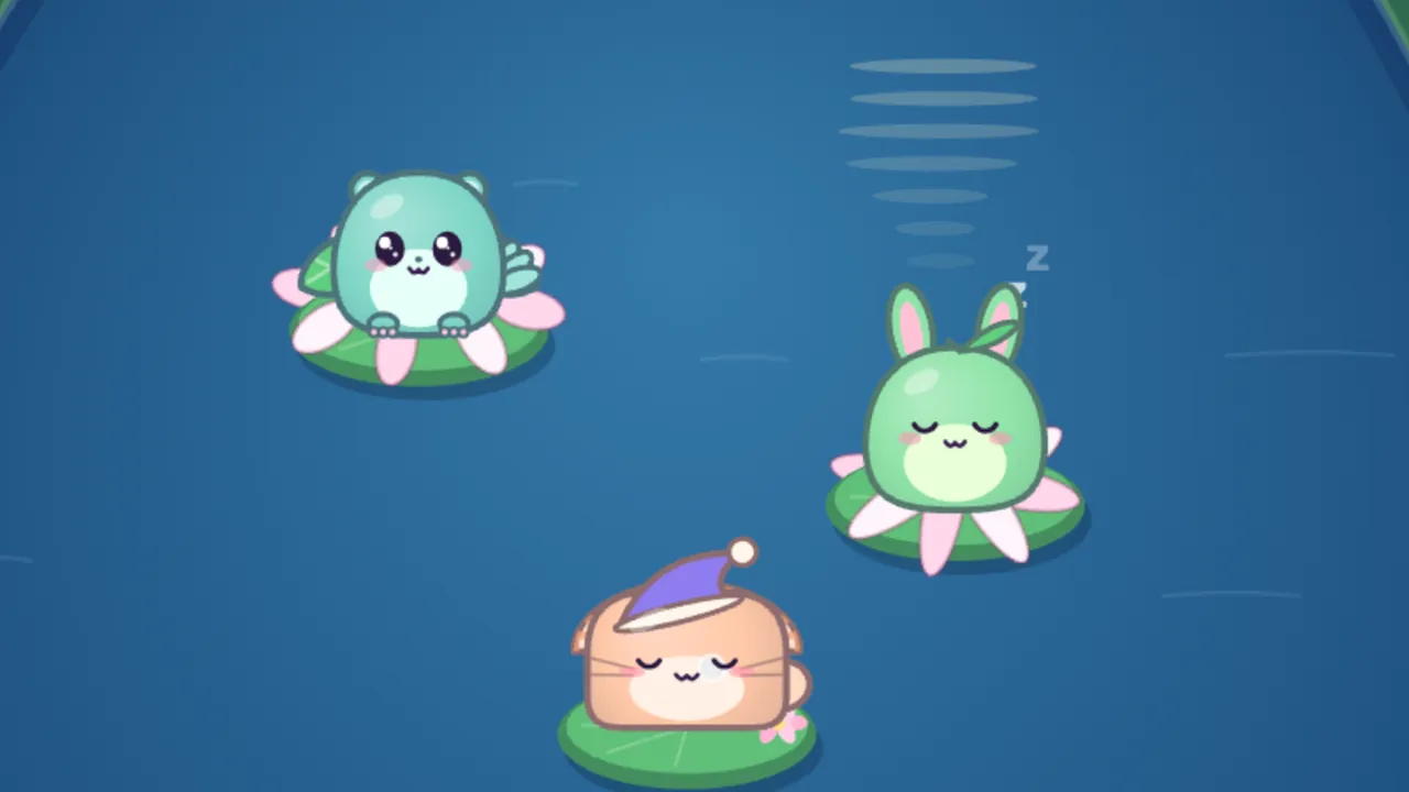 Snoozy Shallows at night, a dark blue pond with faint pale ripple lines at the top: at the top left, Leap, a teal flying squirrel and tree frog in one with a little green cape, sits wide awake on a night lily with pink and white petals spread around its pad; on the right, Pip, a small green bunny with a leaf on its head, sits on the other night lily with its eyes closed, a little “z” floating up above; at the bottom, Dozy, a peach loaf-shaped cat in a purple nightcap with a pompom, sleeps on a plain green lily pad with a tiny pink flower on its edge