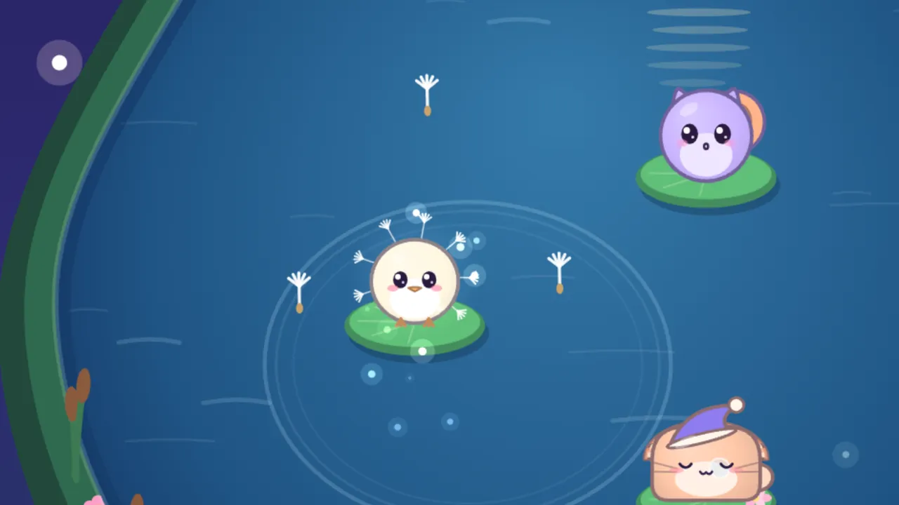 Dandelion Drift at night, a dark blue pond with a curving green bank and cattails on the left: in the middle, Puff, a round cream chick with a little orange beak and white dandelion tufts all around, sits on a lily pad inside a wide pale ripple ring, and three dandelion seeds with white plumes fly away from Puff to the left, to the right and up; small glowing bubbles drift around the pad; at the top right, Echo, a round lilac cat with an orange shell on its back, sits on a lily pad, and at the bottom right, Dozy, a peach loaf-shaped cat in a purple nightcap, sleeps with its eyes closed