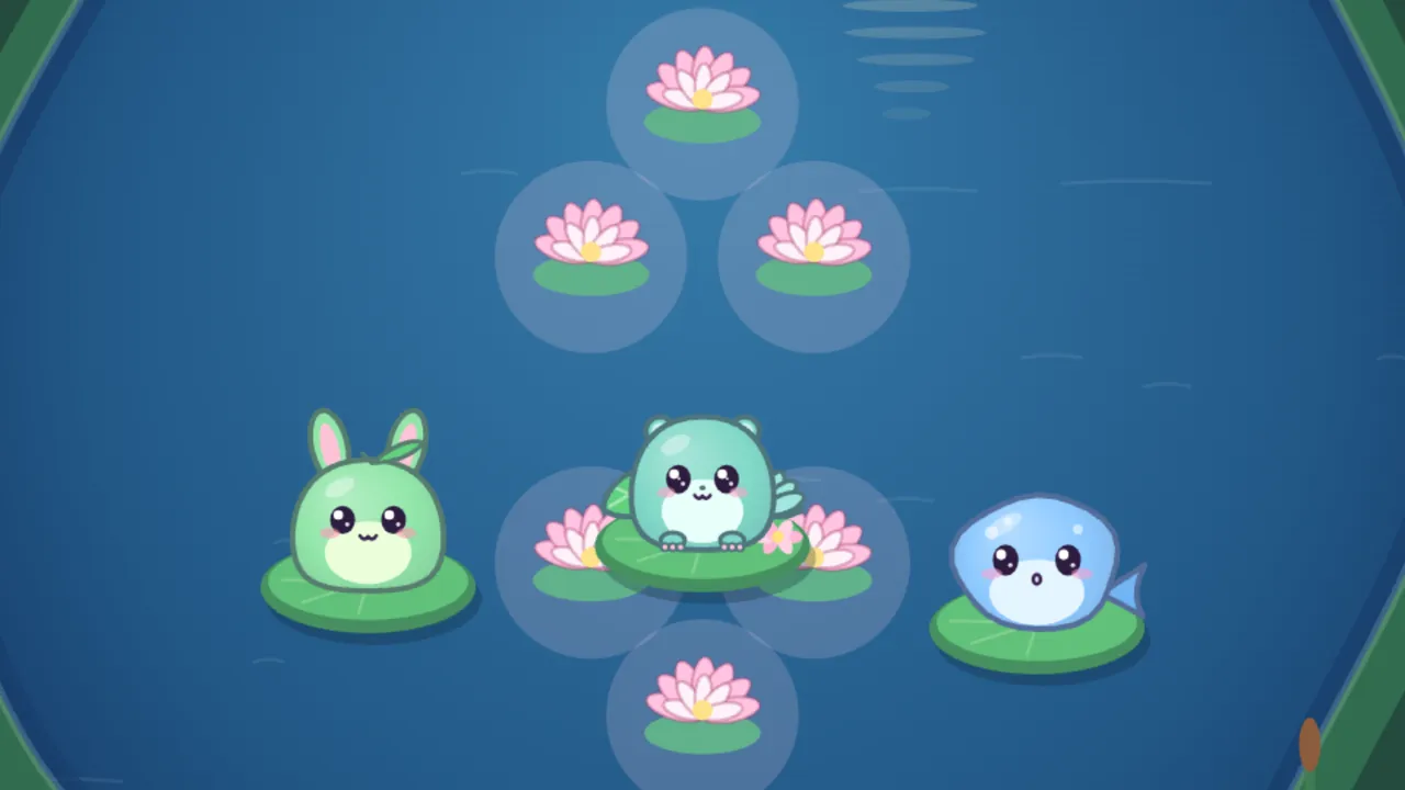 Reedy Hollow at night, a dark blue pond with a green bank at the edges: in the middle, Leap, a teal flying squirrel and tree frog in one with a little green cape, sits on a lily pad with a tiny pink flower on it; around Leap, six pink lotuses with yellow centers float on small pads, each inside a pale glowing circle, three in a triangle above, two half hidden on either side of Leap’s pad and one below; on the left, Pip, a green bunny with a leaf on its head, sits on its own pad, and on the right, Bloop, a round blue blob with a fish tail, looks on with a small round mouth; a brown cattail pokes up at the bottom right