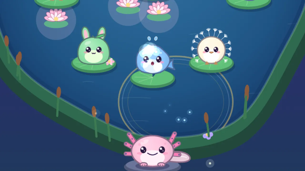 Lulla, a small pink axolotl with frilly pink gills and a big smile, sits on the bank at the bottom of the pond, and the ring of her ripple has just reached Bloop, a round blue fish on a lily pad, who sings with two little drops jumping above its head, while Pip, the green bunny, and Puff, a round cream chick with a crown of dandelion fluff, sit on lily pads to either side and pink lotuses float higher up