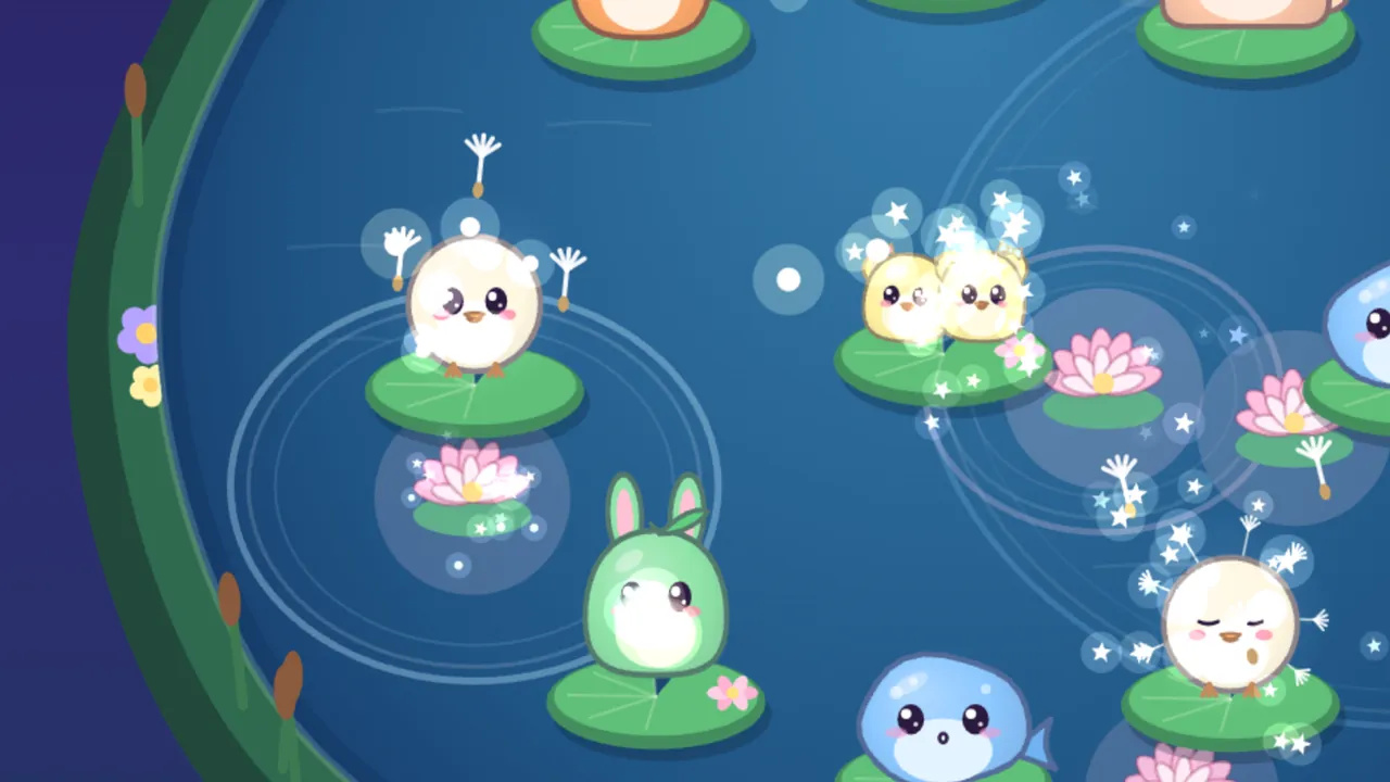 Close-up of the left side of the pond: Puff, a round cream chick on a lily pad, sneezes three white dandelion seeds up, left and right, inside a ripple ring, a pink lotus glows just below it, Pip the green bunny sings on the pad underneath, Tik & Tok sparkle on their shared pad to the right, and a second Puff with its eyes shut mid-sneeze scatters seeds in the lower right corner