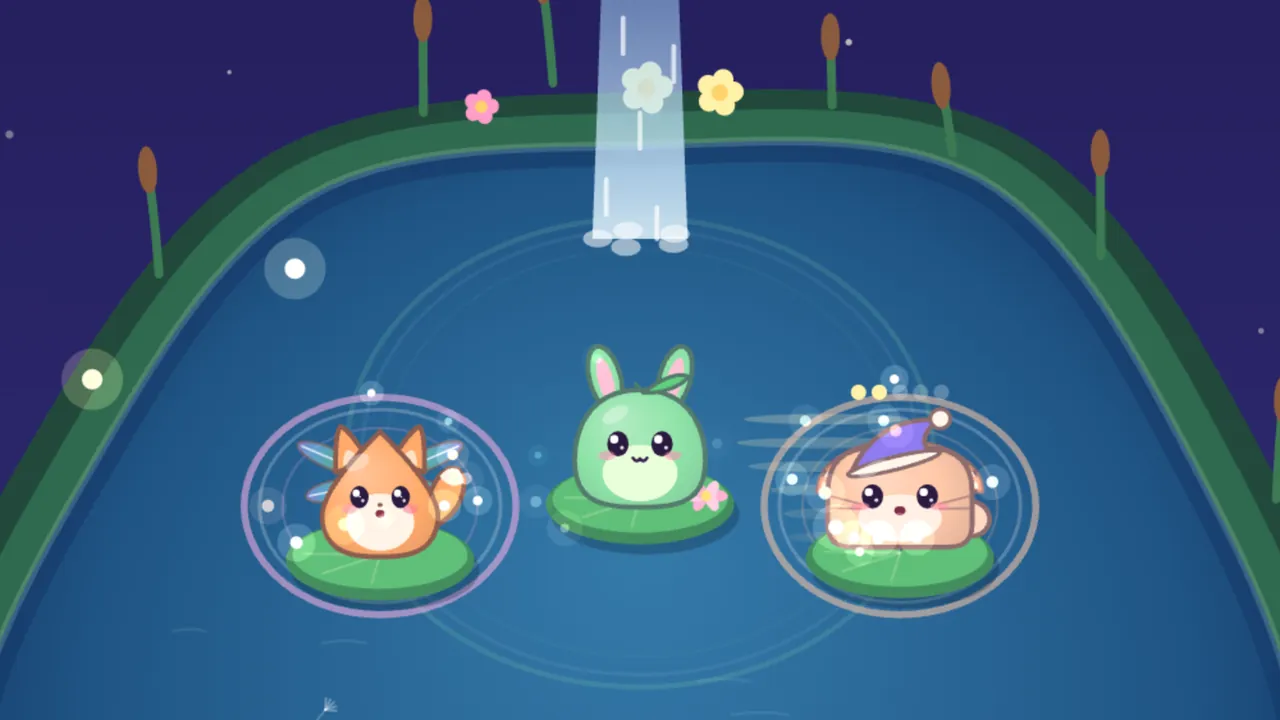 The top of the Twin Falls pond at night: a pale blue waterfall pours over the green bank between cattails and little pink and yellow flowers, faint rings spread across the dark blue water from its splash, and below it three friends sit on lily pads, Prism, an orange fox kit with dragonfly wings, singing inside a lilac ring on the left, Pip, a green bunny with a leaf on its head, in the middle, and Dozy, a cat shaped like a loaf of bread in a purple nightcap, singing inside a pale ring on the right